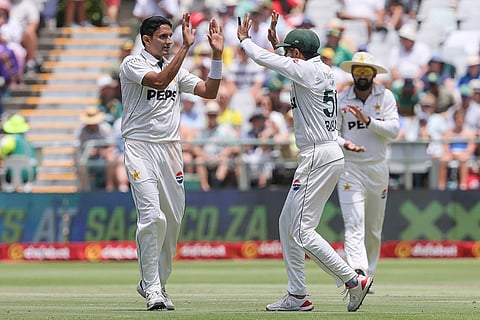 SA vs PAK 2nd test Day 1: Pakistan's Mohammad Abbas and Babar Azam celebrate the wicket of South Africa's Wiaan Mulder