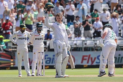 SA vs PAK 2nd test Day 1: South Africa's Ryan Rickelton, center, celebrates his 100 runs