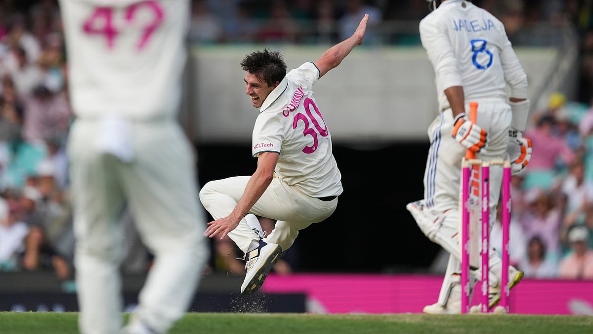 (AP Photo/Mark Baker) : Australia's captain Pat Cummins falls as he appeals unsuccessfully for a wicket during play on the second day of the fifth cricket test between India and Australia at the Sydney Cricket Ground, in Sydney, Australia, Saturday, Jan. 4, 2025. 