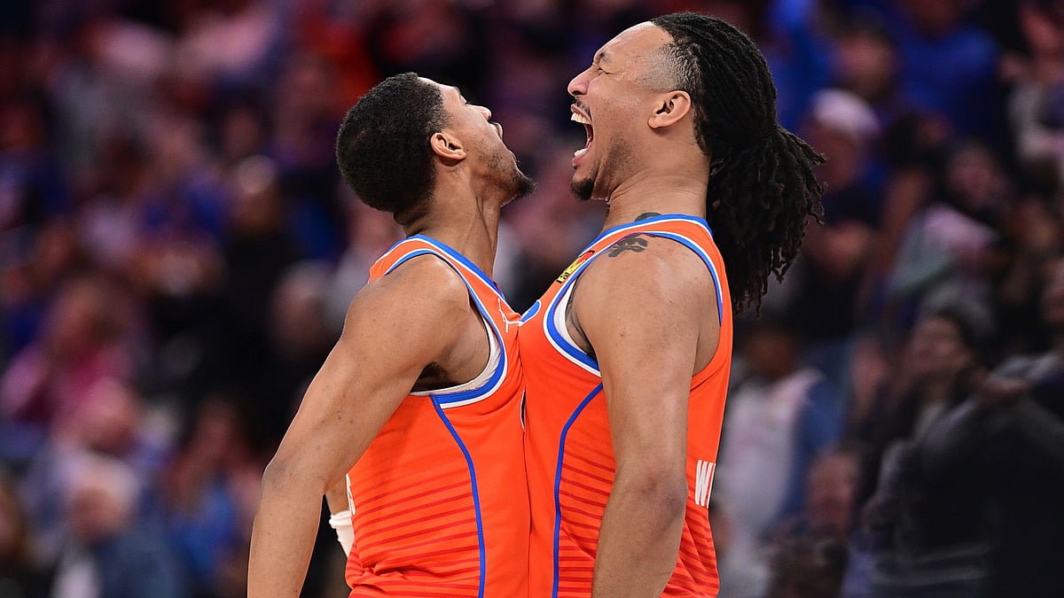 Aaron Wiggins (left) and Jalen Williams of the Oklahoma City Thunder celebrate vs. the New York Knicks on Jan. 3, 2025.