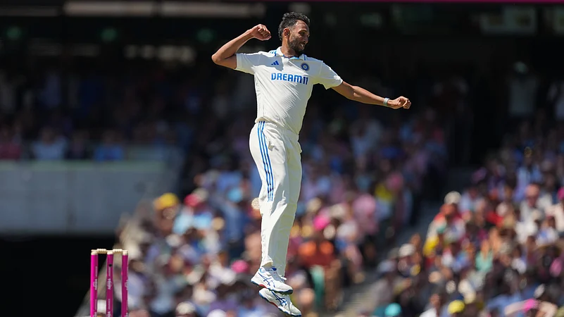 Indias Prasidh Krishna celebrates after taking Websters wicket. AP Photo