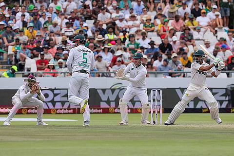 SA vs PAK 2nd Test Day 3: South Africa's Aiden Markram, David Bedingham and Kyle Verreynne watch as Pakistan's Babar Azam, right, plays a shot
