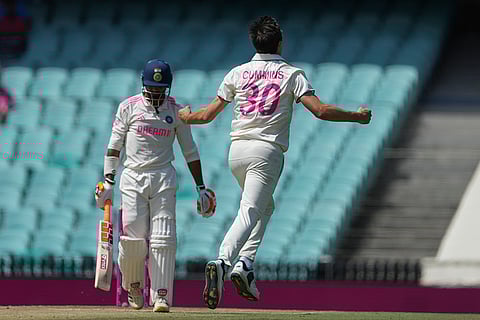 IND Vs AUS 5th Test Day 3: Australia's captain Pat Cummins, right, celebrates after dismissing India's Ravindra Jadeja