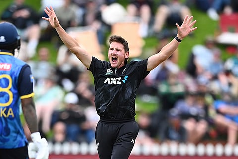 NZ Vs SL, 1st ODI: New Zealand's Nathan Smith appeals for the wicket of Sri Lanka's Charith Asalanka