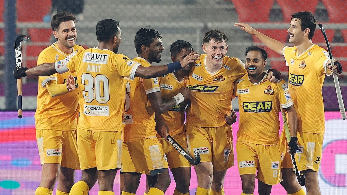 Hockey India : Tamil Nadu Dragons celebrate a goal during their Hockey India League match against UP Rudras. 