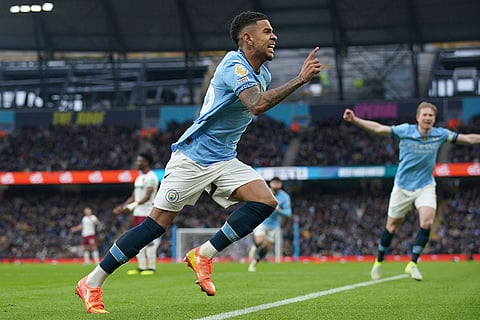 EPL 2024-25: Manchester City's Savinho celebrates after scoring the opening goal