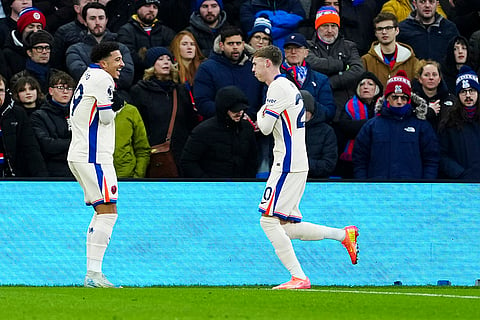 EPL 2024-25: Chelsea's Jadon Sancho left, and Chelsea's Cole Palmer celebrate after a goal 