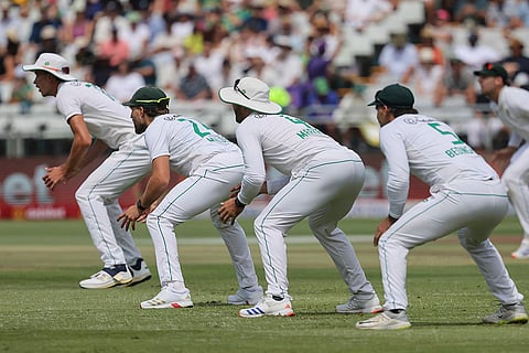 SA vs PAK 2nd Test Day 3: From left, South Africa's Marco Jansen, Wiaan Mulder, Aiden Markram and David Bedingham get ready in the slips