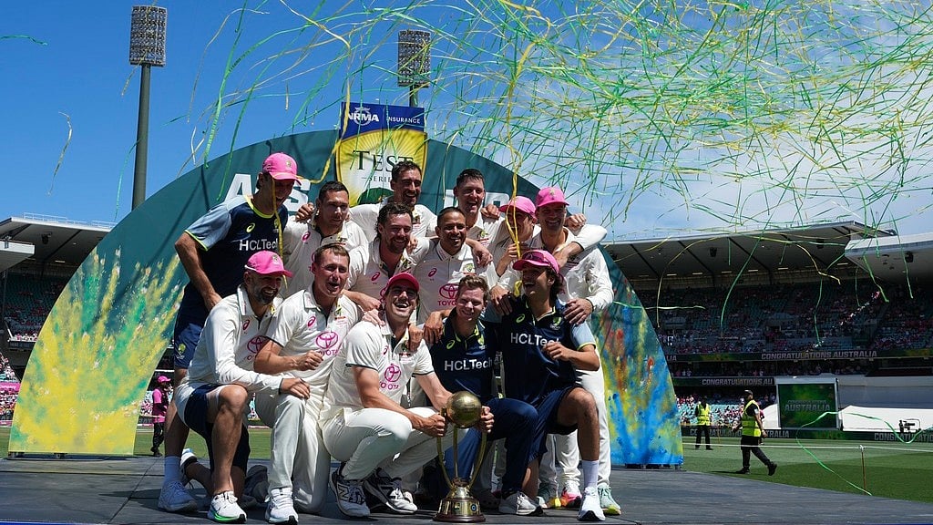The Australian team pose with the Border Gavaskar Trophy after defeating India in the fifth cricket test at the Sydney Cricket Ground, in Sydney, Australia, Sunday, Jan. 5, 2025. - AP/Mark Baker