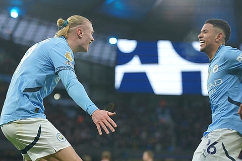 EPL 2024-25: Manchester City's Erling Haaland is congratulated by Savinho after scoring his side's 2nd goal