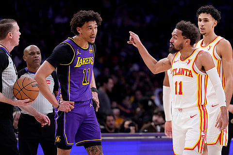 NBA 2024-25: Lakers center Jaxson Hayes jaws at Atlanta Hawks guard Trae Young