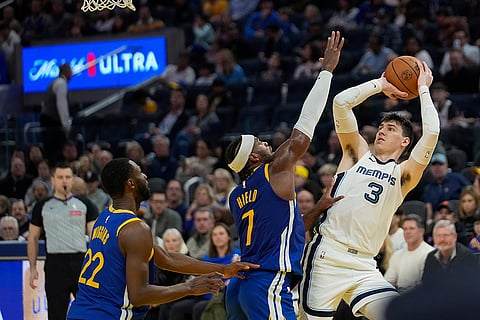 NBA 2024-25: Grizzlies forward Jake LaRavia looks to shoot over Warriors guard Buddy Hield