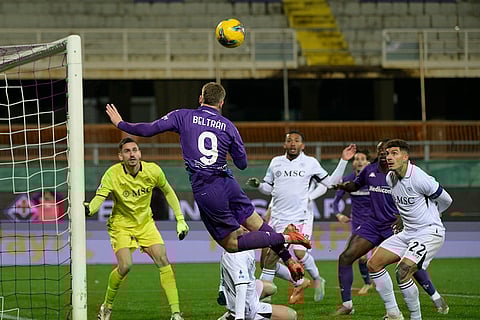 Serie A 2024-25: Fiorentina's Lucas Beltran heads the ball