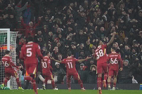EPL 2024-25: Liverpool's Mohamed Salah (11) celebrates after scoring his side's 2nd goal