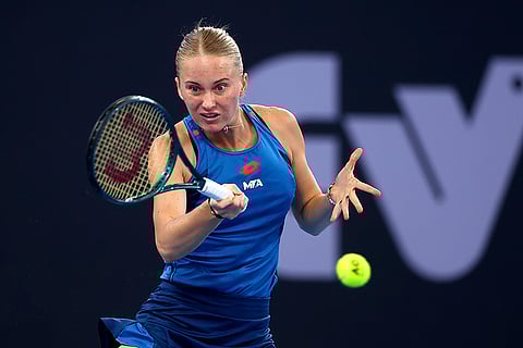 Brisbane International Tennis: Polina Kudermetova plays a forehand against Aryna Sabalenka