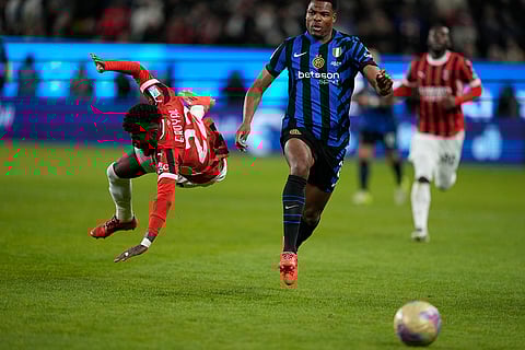 Italian Super Cup Final: Inter Milan's Denzel Dumfries challenges AC Milan's Emerson Royal