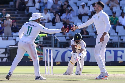 RSA Vs PAK, 2nd Test: South Africa's Temba Bavuma left congratulates Keshav Maharaj for the wicket of Pakistan's Aamir Jamal