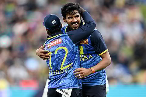 NZ vs SL 2nd ODI: Sri Lanka bowler Maheesh Theekshana, right, celebrates his hat-trick