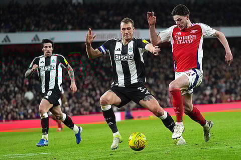 EFL Cup 2024-25: Arsenal's Declan Rice, fights for the ball with Newcastle's Dan Burn