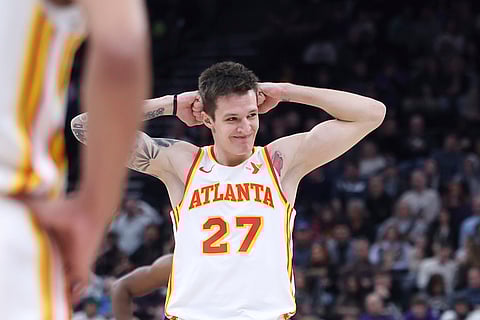 NBA 2024-25: Hawks guard Vit Krejci (27) reacts to a play against the Utah Jazz 