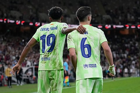 Spanish Super Semi-Final: Barcelona's Lamine Yamal, left, and Gavi celebrate after the goal