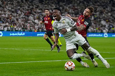 Spanish Super Cup: Real Madrid's Vinicius Junior is challenged by Mallorca's Pablo Maffeo