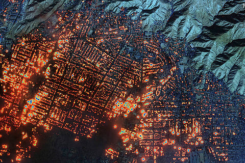 A satellite shot of the Eaton Fire