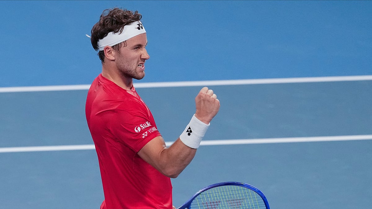 AP Photo/Mark Baker : Norway's Casper Ruud reacts after defeating Poland's Hubert Hurkaz during their match at the United Cup tennis tournament in Sydney, Australia.
