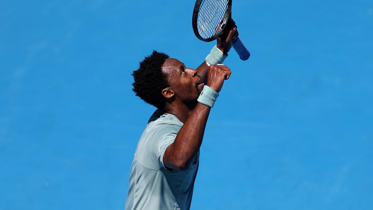 Gael Monfils celebrates his win in New Zealand
