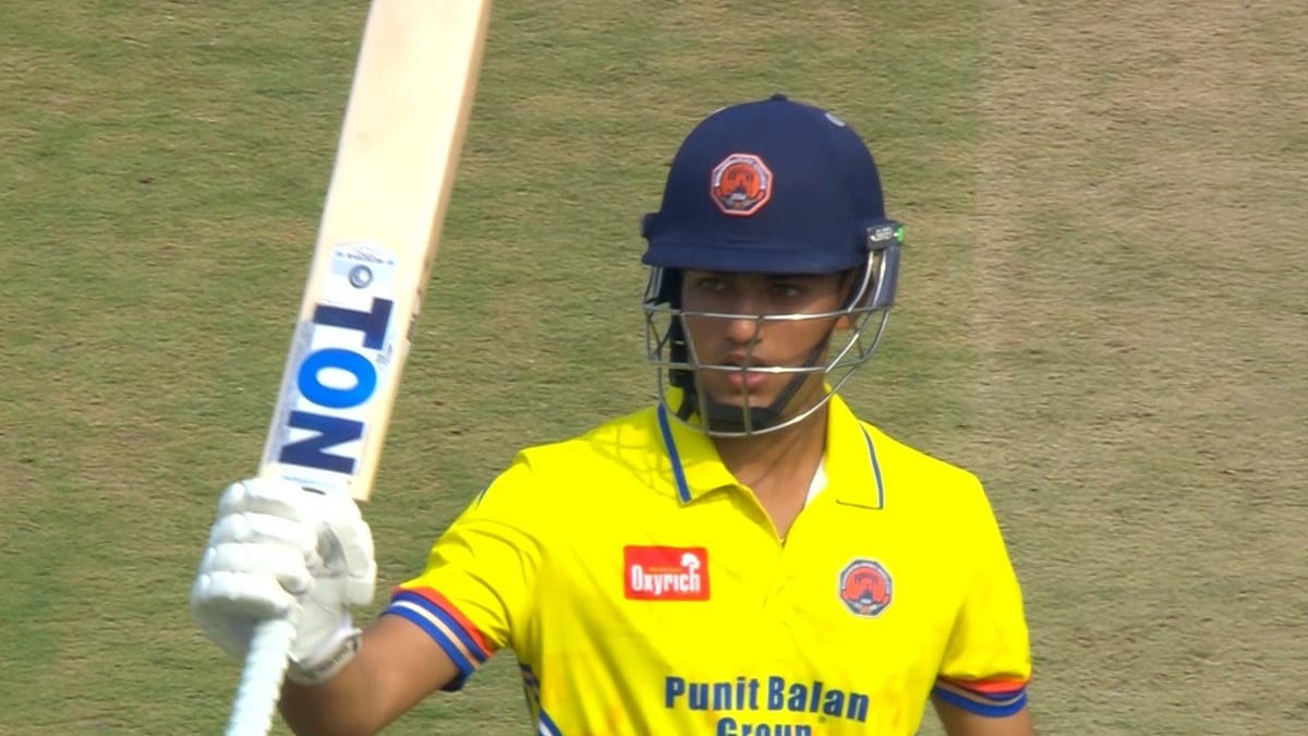 X/BCCI Domestic : Arshin Kulkarni celebrates his century for Maharashtra against Punjab in Vijay Hazare Trophy.