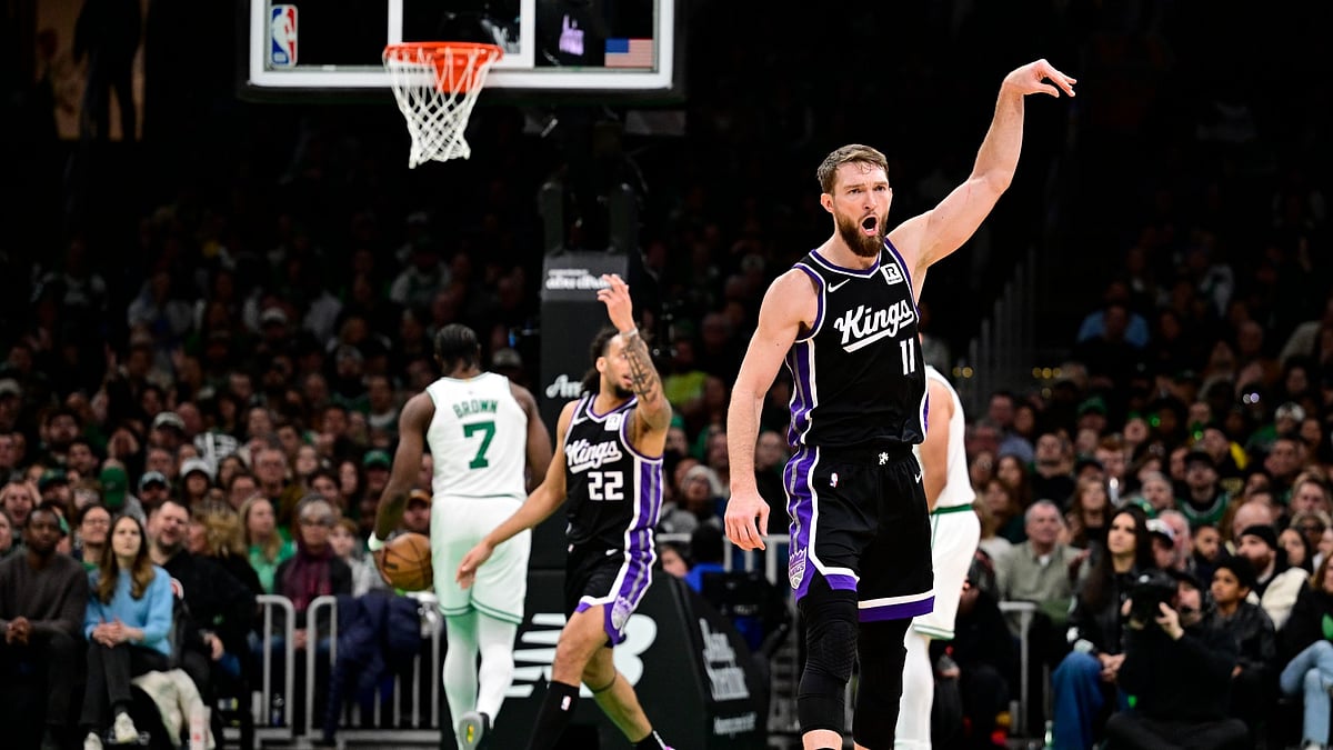 Demontas Sabonis #11 of the Sacramento Kings reacts during the second half of a game against the Boston Celtics at TD Garden on January 10, 2025 in Boston, Massachusetts.