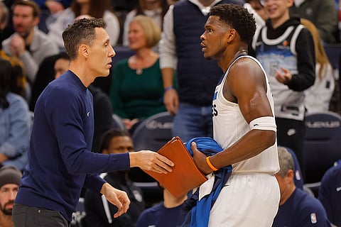 NBA 2024-25: Timberwolves assistant coach Pablo Prigioni gets in the way of guard Anthony Edwards