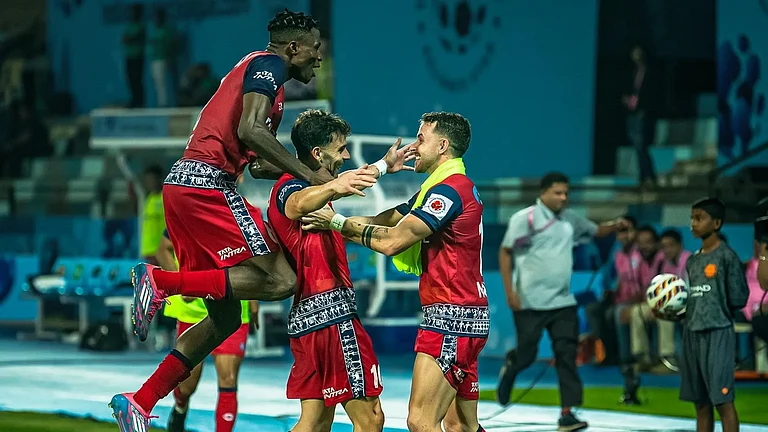 Jamshedpur FC celebrate a goal in the Indian Super League. - ISL