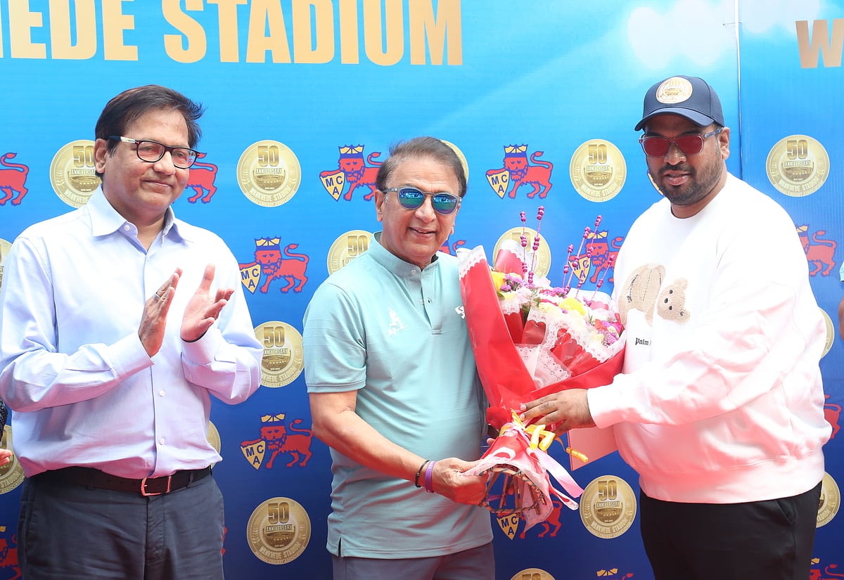 MCA : Mumbai Cricket Association President Shri Ajinkya Naik felicitate Sunil Gavaskar during the 50th anniversary celebratory week of the Wankhede Stadium on Sunday.