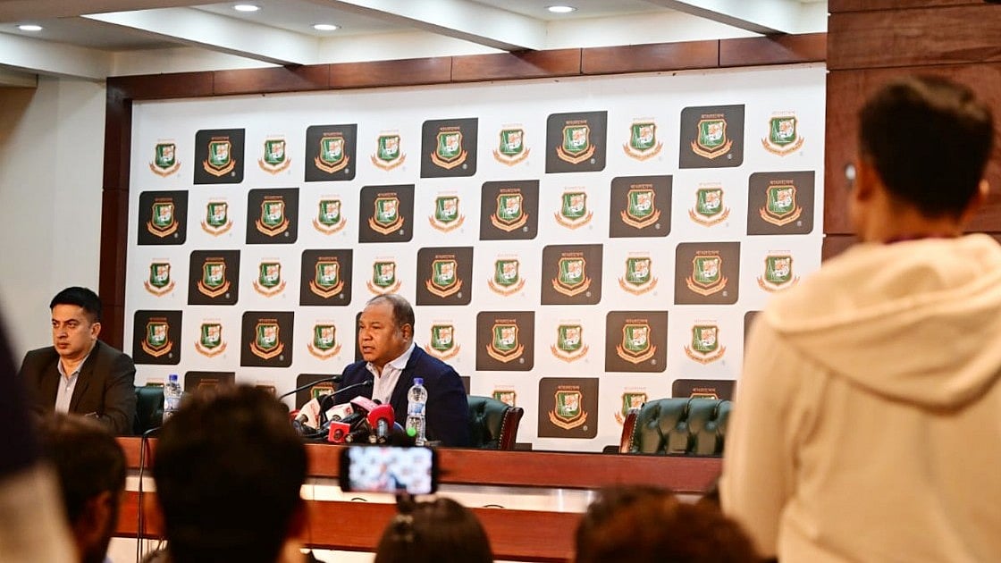 Photo: X | Bangladesh Cricket : Bangladesh Cricket Board (BCB) officials during the squad announcement of the ICC Champions Trophy 2025.