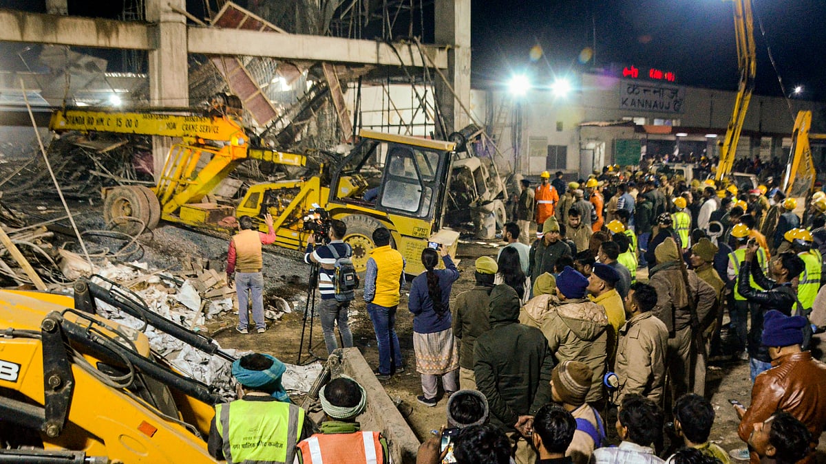 Rescue operation underway after an under-construction building collapsed at the Kannauj railway station, trapping around two dozen workers under the rubble, in Kannauj, Saturday afternoon, Jan. 11, 2025.  - PTI