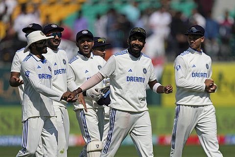 India celebrate their victory in the fifth Test.