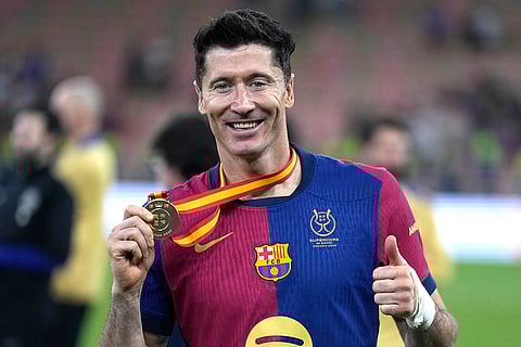 Spanish Super Cup 2025 Final: Barcelona's Robert Lewandowski celebrates after they won the final