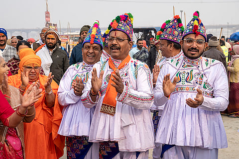 Kumbh Mela 2025: Devotees wearing the ceremonial costume of the Kathiawar region in Gujarat state