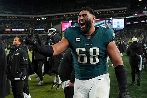 NFL Football Play-off - Packers vs Eagles: Eagles offensive tackle Jordan Mailata reacts to an interception