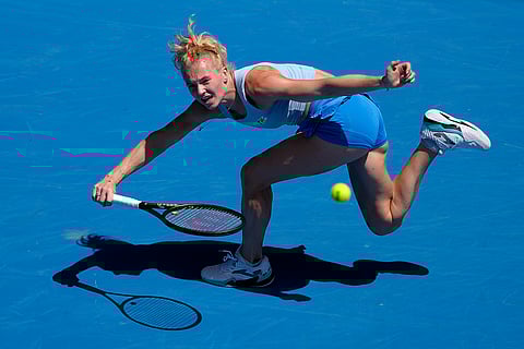 Australian Open 2025: Katerina Siniakova plays a forehand return to Iga Swiatek