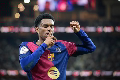 Spanish Super Cup 2025 Final: Barcelona's Alejandro Balde celebrates after scoring his side's fourth goal