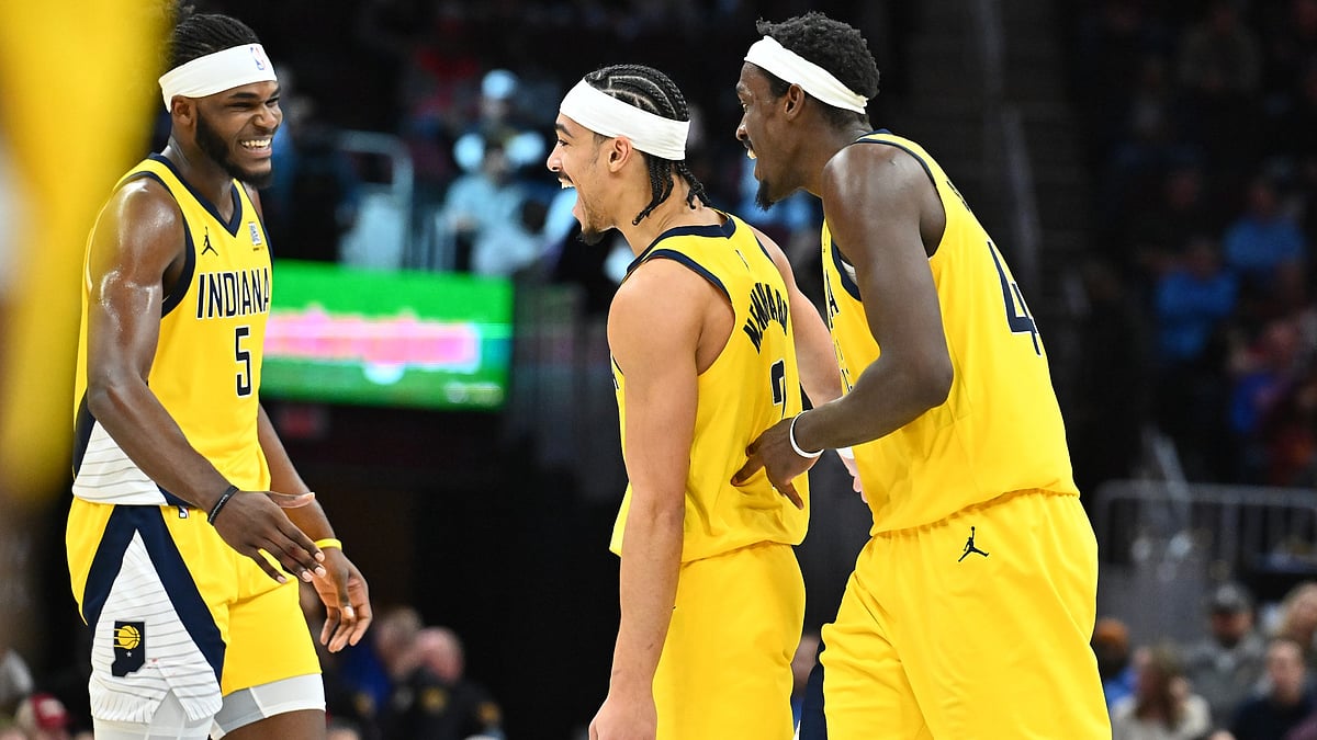 Jarace Walker (left), Andrew Nembhard and Pascal Siakam of the Indiana Pacers celebrate vs. the Cleveland Cavaliers on Jan. 12, 2025.