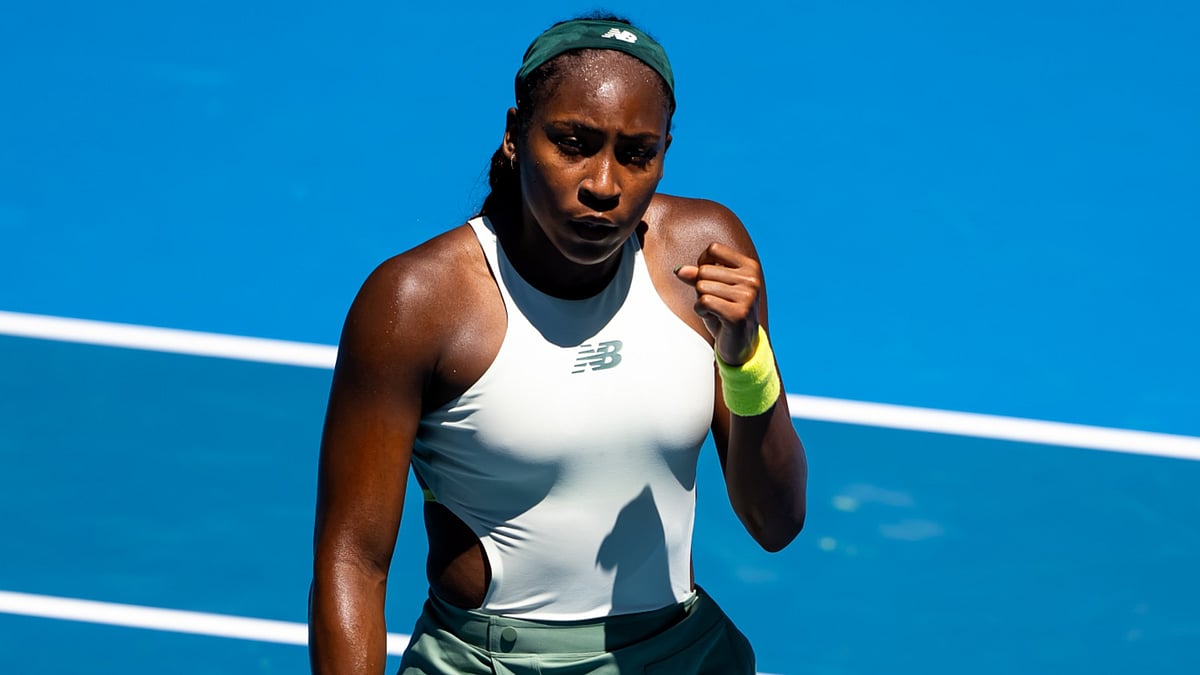Coco Gauff celebrates her win over Sofia Kenin.