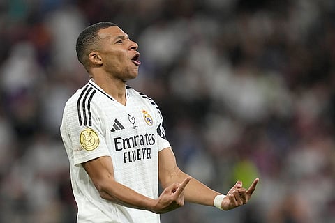 Spanish Super Cup 2025 Final: Real Madrid's Kylian Mbappe reacts during match against Barcelona