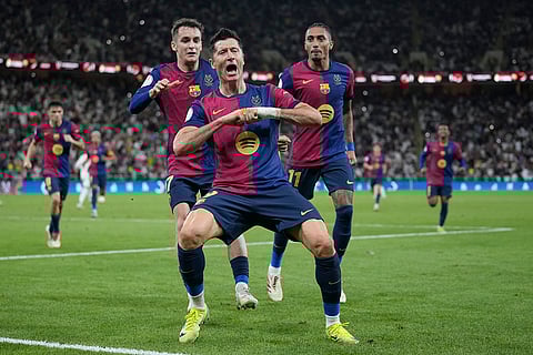 Spanish Super Cup 2025 Final: Barcelona's Robert Lewandowski celebrates after scoring his side's second goal