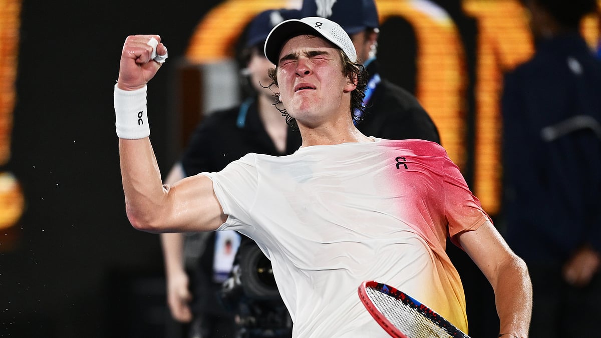 Joao Fonseca celebrates his win over Andrey Rublev at the Australian Open