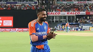 | Photo: X/Hardik Pandya : File photo of Baroda player Hardik Pandya in action for India.