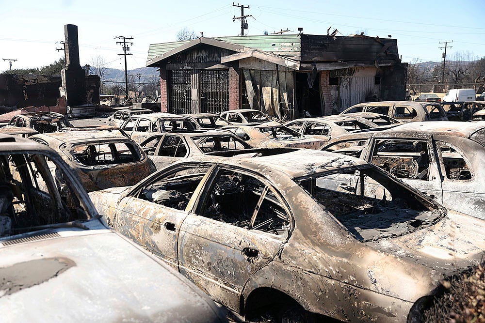 | Photo: Scott Strazzante/San Francisco Chronicle via AP : Burned out vehicles after the Eaton Fire