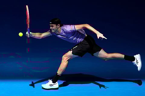 Australian Open 2025: Taylor Fritz plays a forehand return to Jenson Brooksby